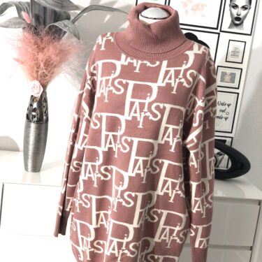 Longpullover mit Rollkragen, Paris-Print, rosa