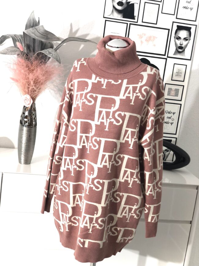 Longpullover mit Rollkragen, Paris-Print, rosa