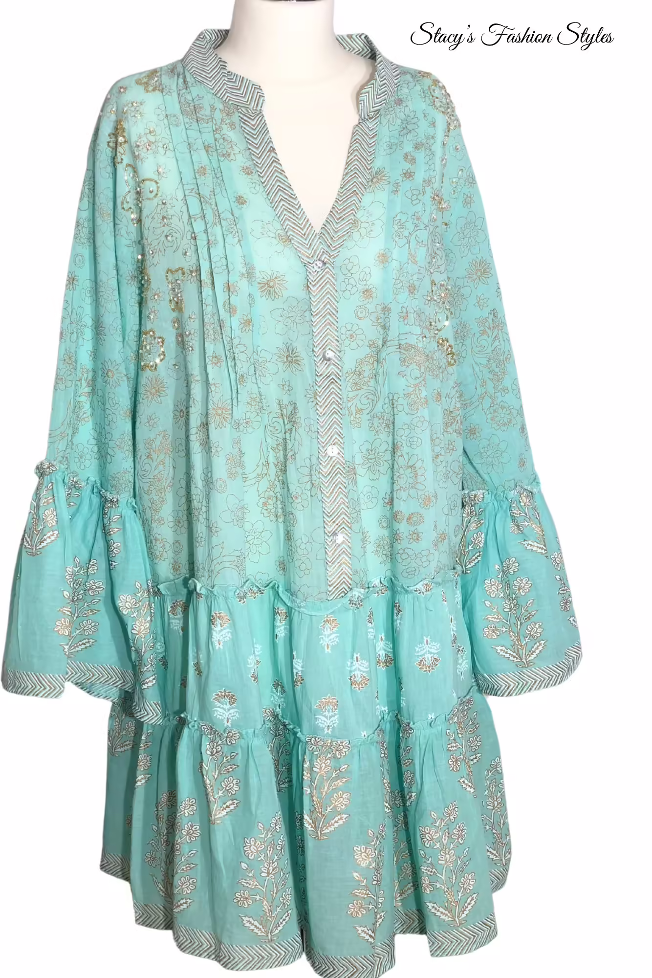 Boho Kleid in Pastell-Aqua, Oversize Stacy's Fashion Styles stacys.de Sumitra Kleid im Boho-Style, Aqua-Pastell, Onesize