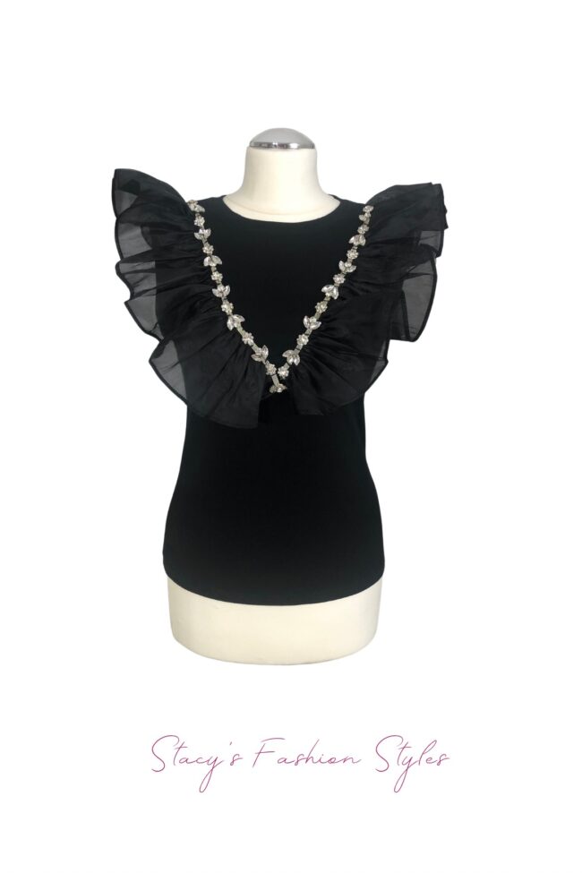 Shirt mit Organza Puff Sleeve, schwarz, Onesize (34-40)