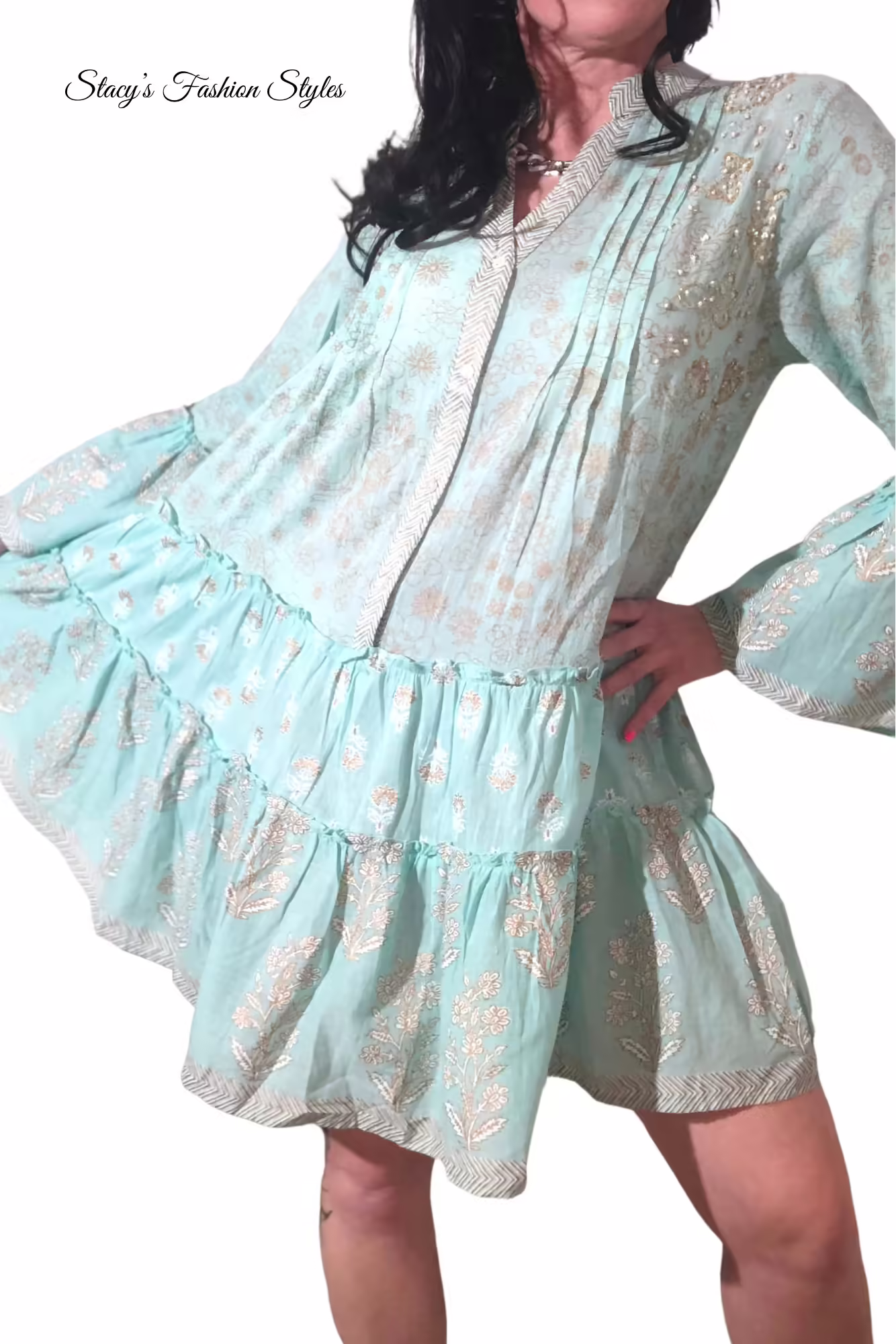 Boho Kleid in Pastell-Aqua, Oversize Stacy's Fashion Styles stacys.de Sumitra Kleid im Boho-Style, Aqua-Pastell, Onesize 2