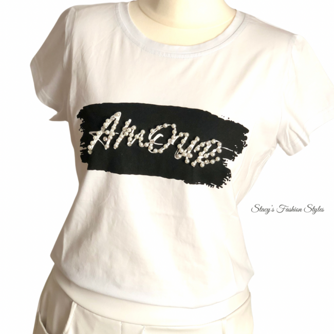 T-Shirt 'AMOUR' mit Perlen