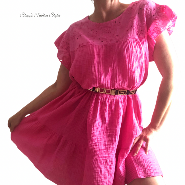 Musselin Kleid in Pink, Baumwolle, mit Lochstickereien