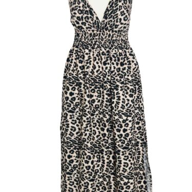 Maxikleid / Satinkleid mit Leoprint, Seitenschlitz, Spaghettiträger, Onesize