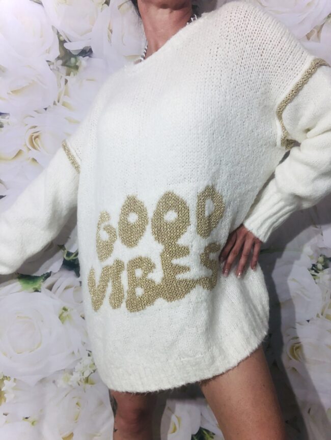 Oversiz Pullover GOOD VIBES, beige/ goldfarben