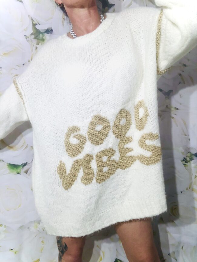 Oversiz Pullover GOOD VIBES, beige/ goldfarben 3