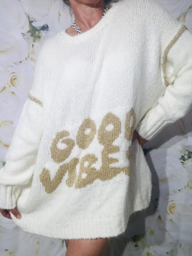 Oversiz Pullover GOOD VIBES, beige/ goldfarben 2