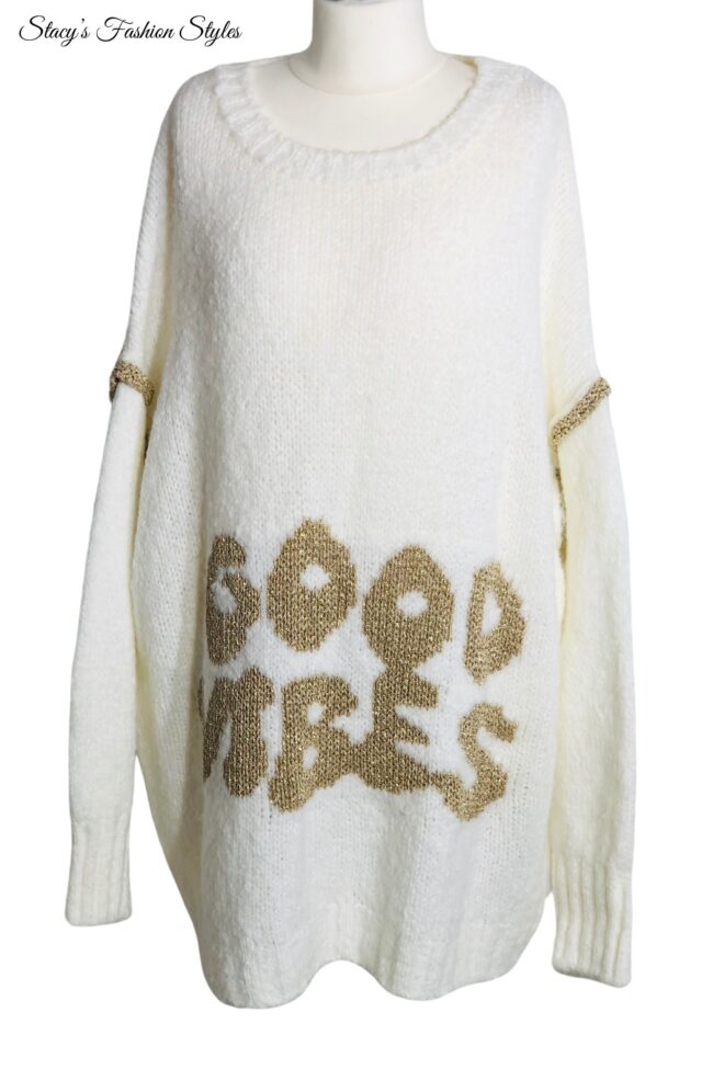 Oversiz Pullover GOOD VIBES, beige/ goldfarben 4