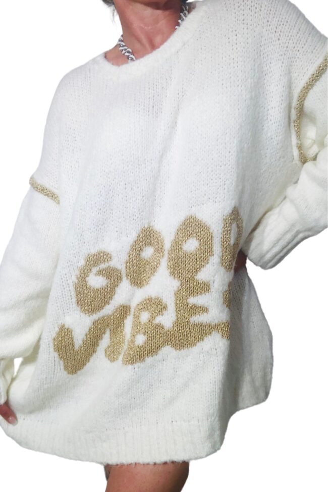 Oversiz Pullover GOOD VIBES, beige/ goldfarben 5