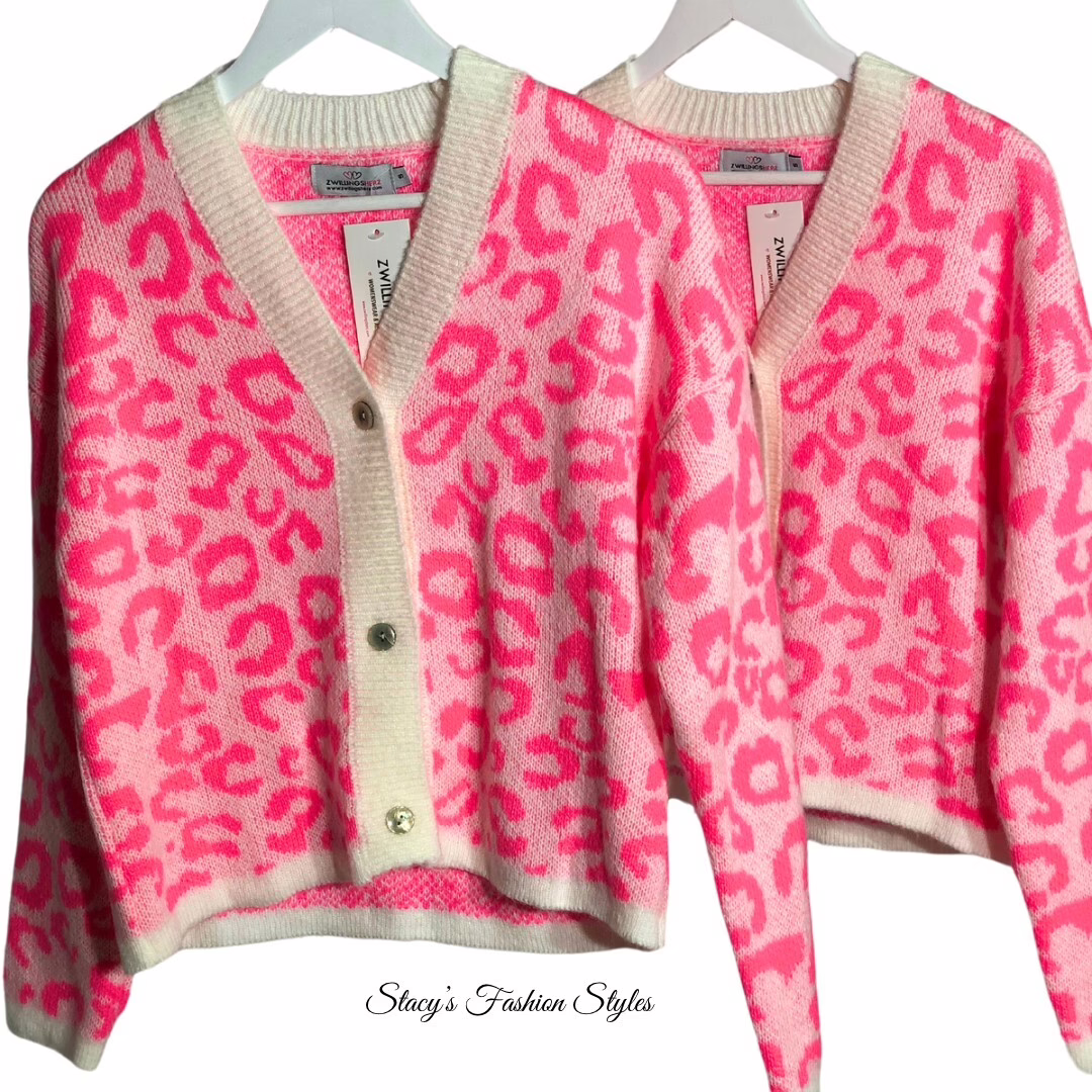 Zwillingsherz Strick-Cardigan Leo-Design, Neon-Pink/ Beige 2