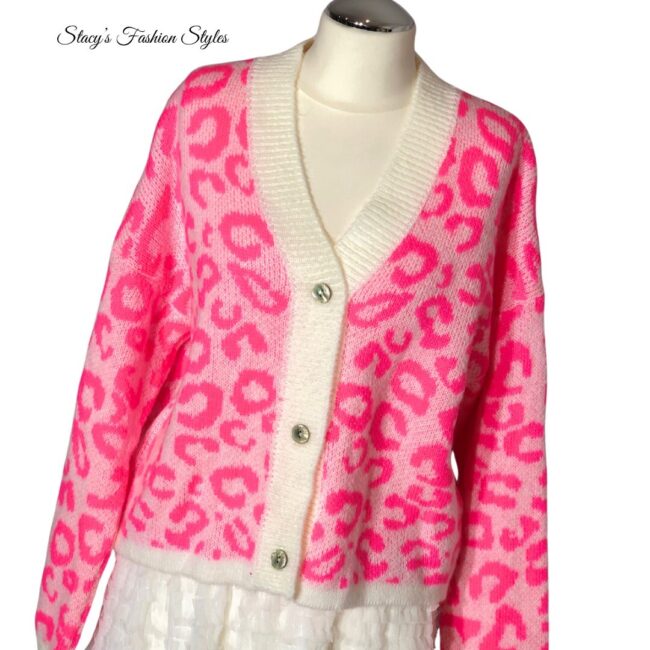 Zwillingsherz Strick-Cardigan Leo-Design, Neon-Pink/ Beige