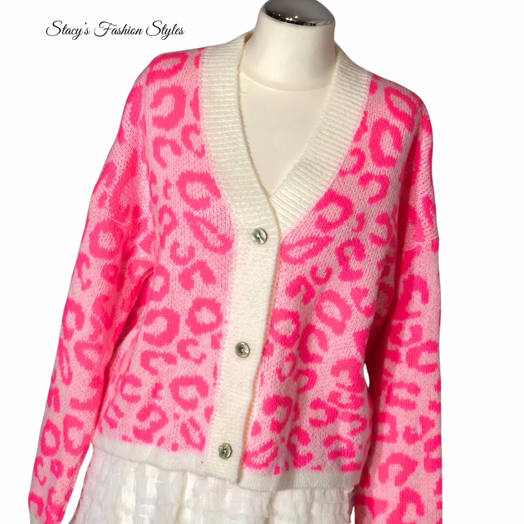 Zwillingsherz Strick-Cardigan Leo-Design, Neon-Pink/ Beige