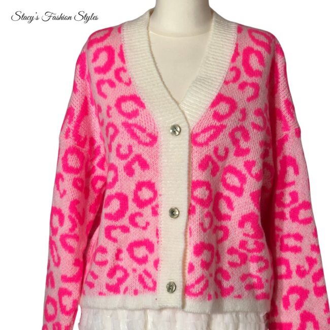 Zwillingsherz Strick-Cardigan Leo-Design, Neon-Pink/ Beige 3