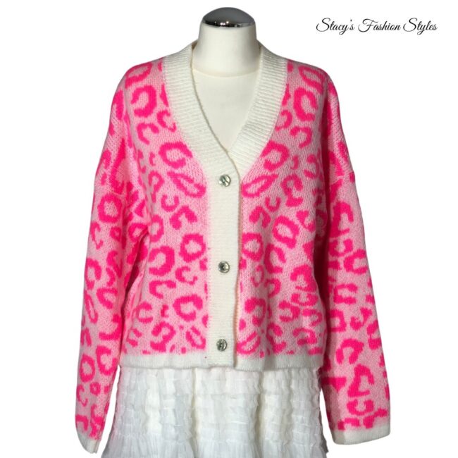 Zwillingsherz Strick-Cardigan Leo-Design, Neon-Pink/ Beige 4