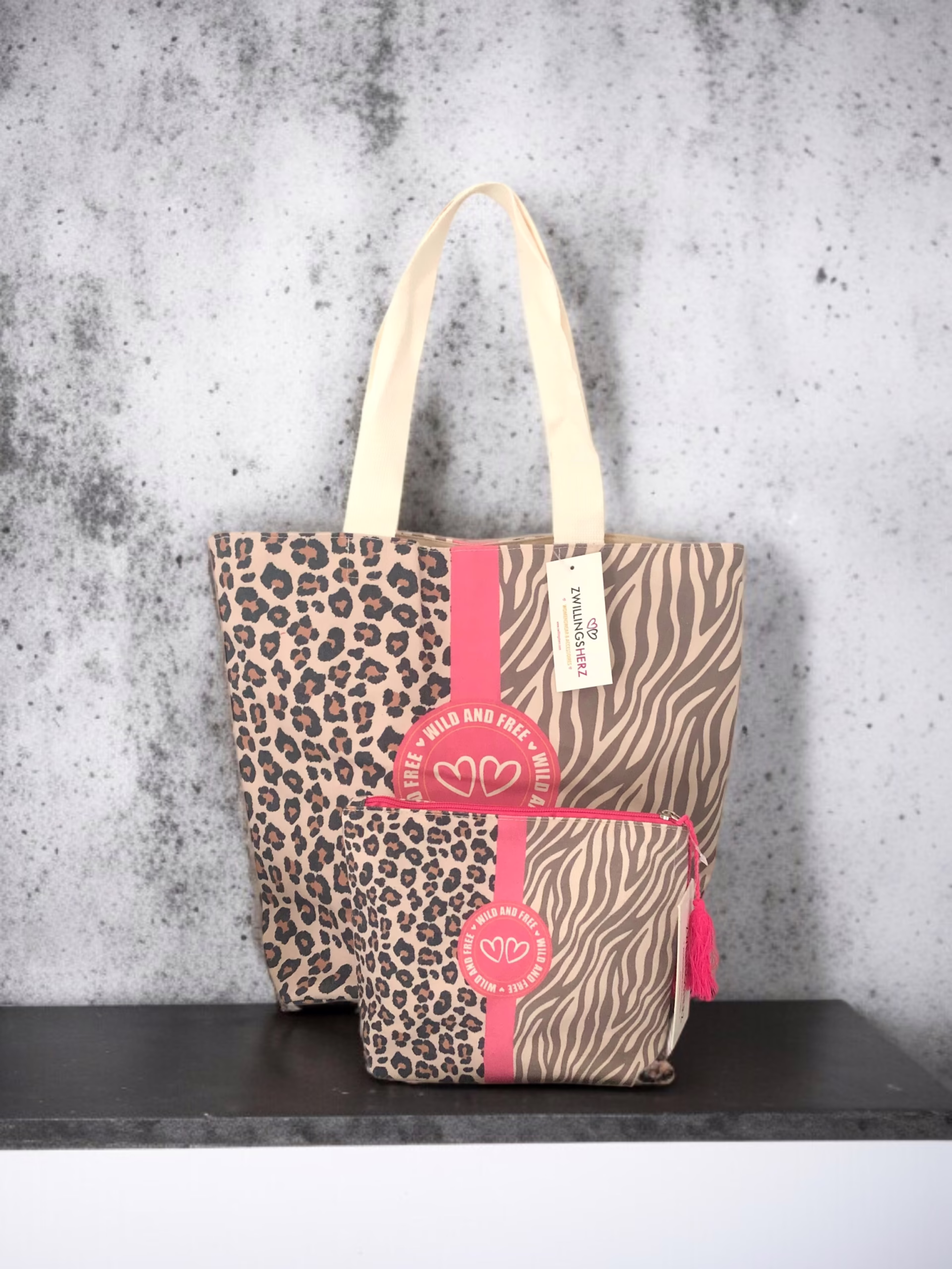 Zwillingsherz Tote Bag + Kosmetiktasche Stacy's Fashion Styles stacys.de Zwillingsherz Shopper + Kosmetiktasche, Leo-Zebra, 3