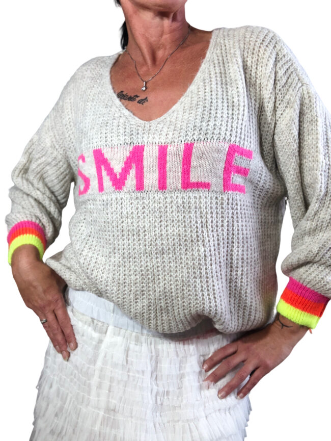 Zwillingsherz Strickpullover *SMILE*, Beige/ Neon, Onesize, 3