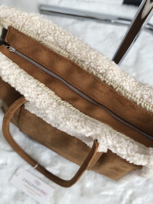 Zwillingsherz Tasche, Wildleder-Optik & Teddyfell, braun, 3