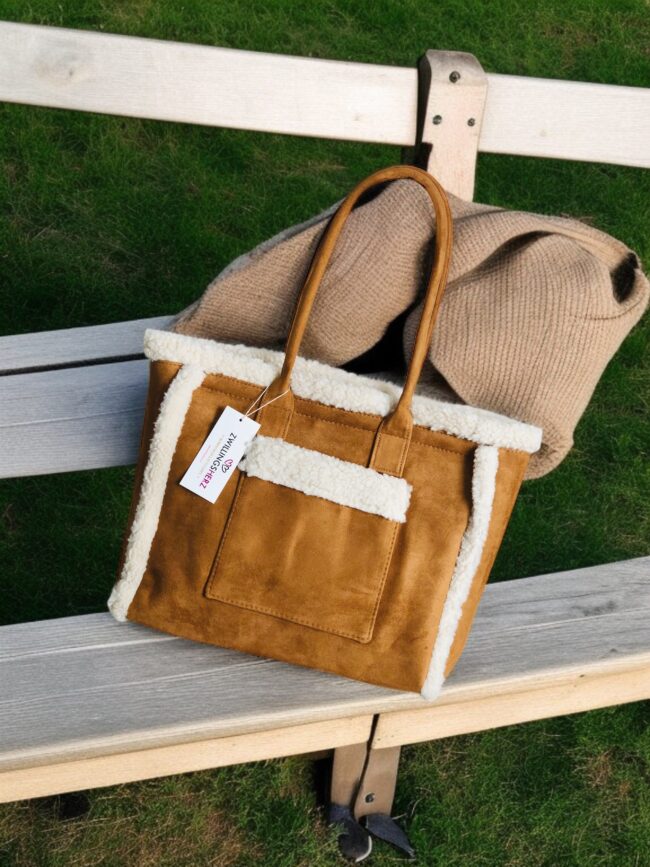 Zwillingsherz Tasche, Wildleder-Optik & Teddyfell, braun, 2