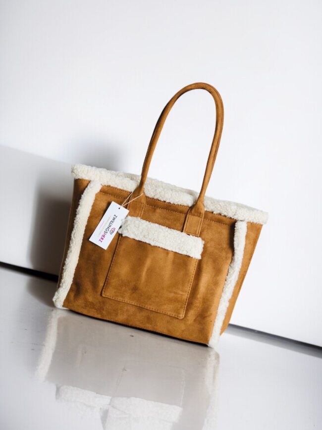 Zwillingsherz Tasche, Wildleder-Optik & Teddyfell, braun, 3