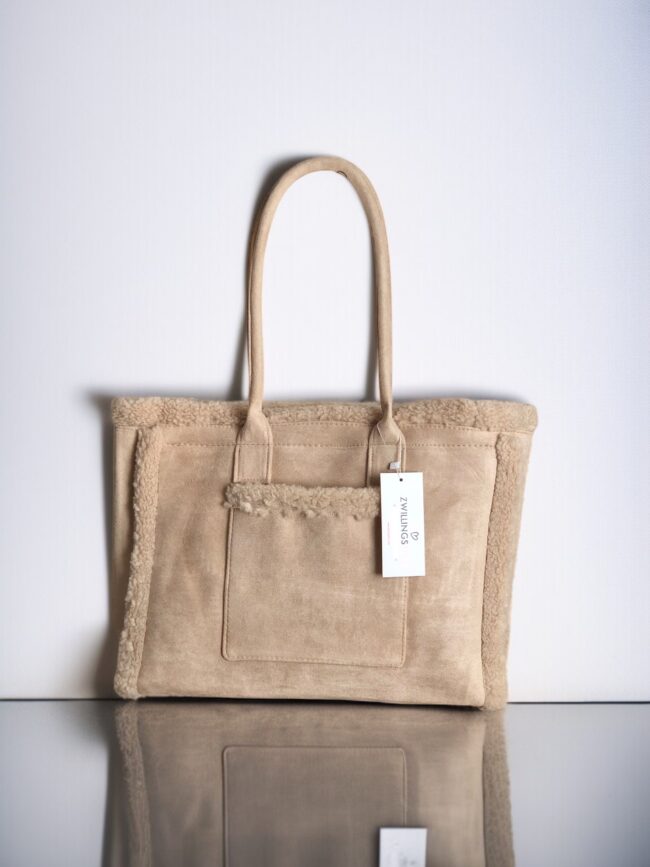 Zwillingsherz Tasche, Wildleder-Optik & Teddyfell, beige, 2